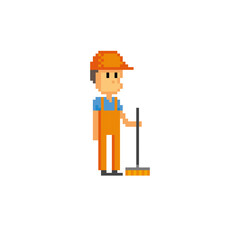 Janitor, cleaner holds a broom pixel art icon. Element design for logo, stickers, web, embroidery and mobile app. Isolated vector illustration. 8-bit sprite.