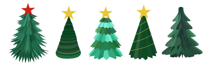 Five green simple paper cut style Christmas trees with star for winter celebration decorations