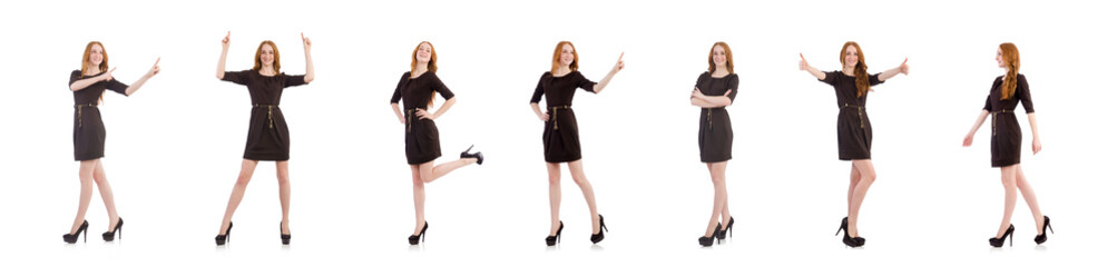 Woman pressing virtual button isolated on white