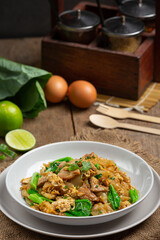 Thai food; Fried noodle with pork in soy sauce and vegetable
