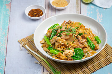 Thai food; Fried noodle with pork in soy sauce and vegetable