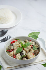 thai food; green coconut curry pork with eggplants