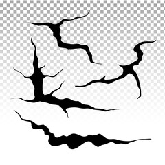 Ground cracks set. Earthquake and ground cracks, hole effect, craquelure and damaged wall texture. Vector illustrations earthquake, crash, destruction.