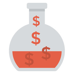 
A lab research flask with dollar inside symbolising economic research, flat vector icon
