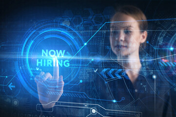 Business, technology, internet and network concept. Young businessman thinks over the steps for successful growth: Now hiring