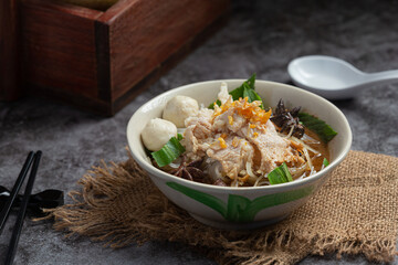 Thai food; Noodles with pork , meatball and vegetable