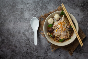 Thai food; Noodles with pork , meatball and vegetable