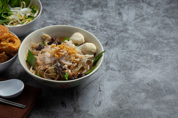 Thai food; Noodles with pork , meatball and vegetable