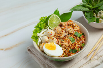 Thai food; instant noodles spicy boil with pork and boil egg