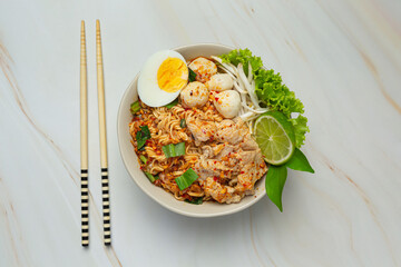 Thai food; instant noodles spicy boil with pork and boil egg