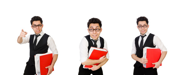 Funny man with lots of folders on white