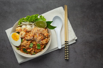 Thai food; instant noodles spicy boil with pork and boil egg