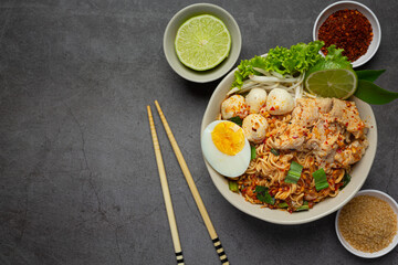 Thai food; instant noodles spicy boil with pork and boil egg