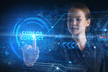 Fototapeta premium Business, technology, internet and network concept. Young businessman thinks over the steps for successful growth: Code of conduct