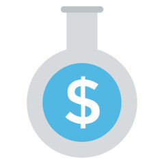 
A lab research flask with dollar inside symbolising economic research, flat vector icon

