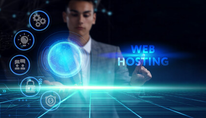 Business, technology, internet and network concept. Young businessman thinks over the steps for successful growth: Web hosting