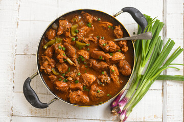 Chilli Chicken curry or Chicken manchurian Dry Gravy Kabab Tikka Chinese . Indian Starter sweet chilli chicken, red hot and spicy Mumbai, Delhi India. 