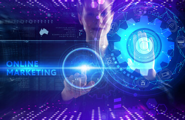 Business, technology, internet and network concept. Young businessman thinks over the steps for successful growth: Online marketing