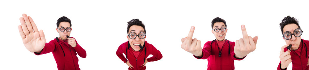 Funny sportsman with whistle isolated on white