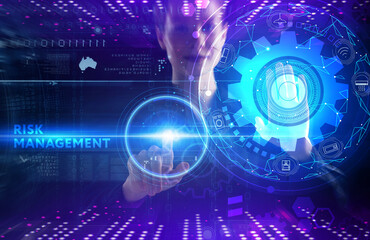 Business, technology, internet and network concept. Young businessman thinks over the steps for successful growth: Risk management