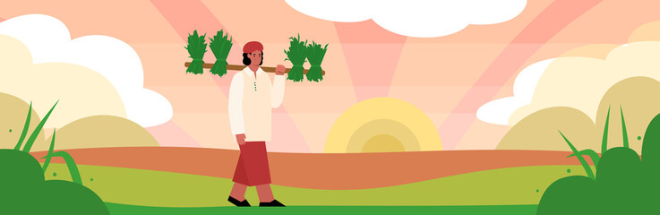 Field with Indian farmers carrying plants, cartoon flat vector illustration. Traditional farming and agricultural work in India, cultivation of crops by hand.