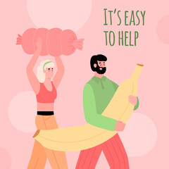 Poster or banner calling to help and donate with cartoon people characters carrying food. Placard template for volunteering and donation flat vector illustration.