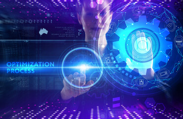 Business, technology, internet and network concept. Young businessman thinks over the steps for successful growth: Optimization process