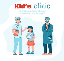 Kids clinic for little patient with injuries and trauma after an accident. Doctor, nurse and girl with a broken arm in a cast. Child healthcare. Vector illustration.