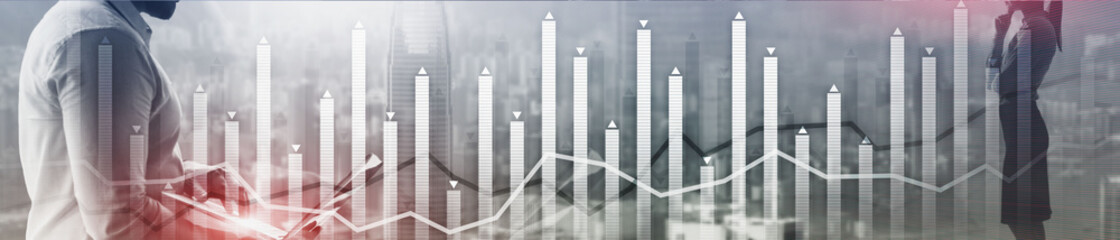 Modern Business Finance Chart Overlaid on Hong Kong Skyline at Night. Up and down arrow.