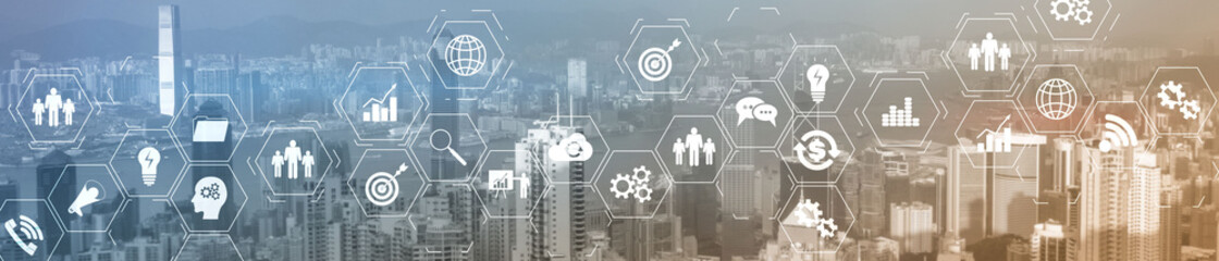 ERP Enterprise Resource Planning system on virtual screen with connections between business intelligence.