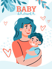 Concept of happy maternity and parenting. Young woman hugs her little son. A mother holds a baby in her arms. Poster with lettering. Vector colorful illustration