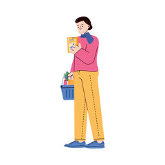 Woman shopping goods and stacking products into supermarket basket, flat cartoon vector illustration isolated on white background. Grocery shop or store buyer.