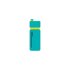 Fitness drink container or bicycle plastic bottle for water cartoon icon in blue and yellow colors, flat cartoon vector illustration isolated on white background.