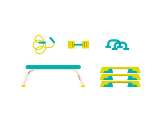 Set for training, physical exercise, workout or fitness in the gym or home. Isolated icons of sports accessories. Healthy lifestyle. Vector illustration.
