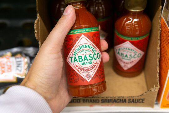 Tyumen, Russia-October 11, 2020: Tabasco Brand Sauce Sriracha Bottle Of The Original Red Sauce, The Products In The Hypermarket