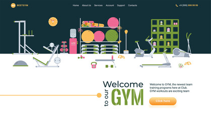 Design for website for fitness, workout and physical exercises in modern gym. A set icons of sports equipment. Active healthy lifestyle. Vector illustration.