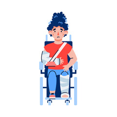 Injured child with bandaged limbs in wheelchair, flat cartoon vector illustration isolated on white background. Clipart for medical insurance and children traumatology.