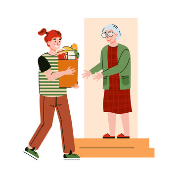 Concept Of Support, Care And Help For Older Person With Disabilities. Girl Volunteer Or Social Worker Delivers Food At Home For Elderly Woman During Quarantine. Vector Illustration