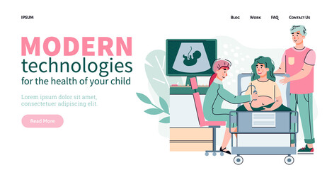 Fototapeta na wymiar Modern medicine technologies for the health of child and healthy childbirth website template , flat cartoon vector illustration. Couple visits perinatal center for test.