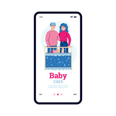 Mobile app interface on phone screen with a family taking care of a newborn baby. Happy motherhood and fatherhood. Vector illustration.