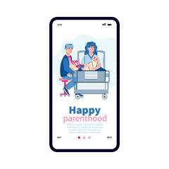 Mobile app interface on phone screen with married couple and newborn baby in modern maternity hospital. Happy pregnancy, maternity, parenthood, care for infant. Vector illustration