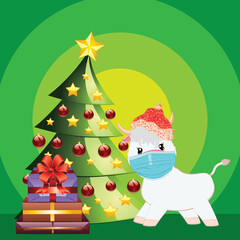 Bull in face mask and Santa hat