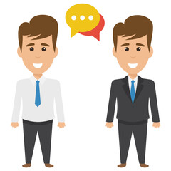 Obraz premium Two male office buddies having discussion with speech bubble 