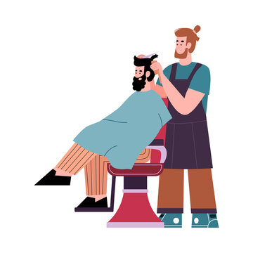 Barber with scissors make a haircut the client sitting in a chair. Hair care in barbershop salon. Vector isolated illustration