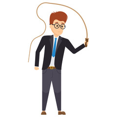 
A well suited manager with meh face expression having horse whip in his hand showing strictness 
