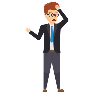 
Human avatar of manager in office suiting with sad, worried and upset gestures on his face
