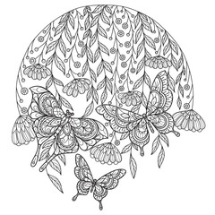 Butterfly in the garden. Hand drawn sketch illustration for adult coloring book