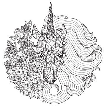 Unicorn and the Kalanchoe.Hand drawn sketch illustration for adult coloring book