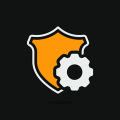Shield with gear icon isolated on black background. Vector illustration.