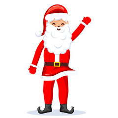 Santa Claus with a raised right hand. Cartoon character. Flat cector illustration.